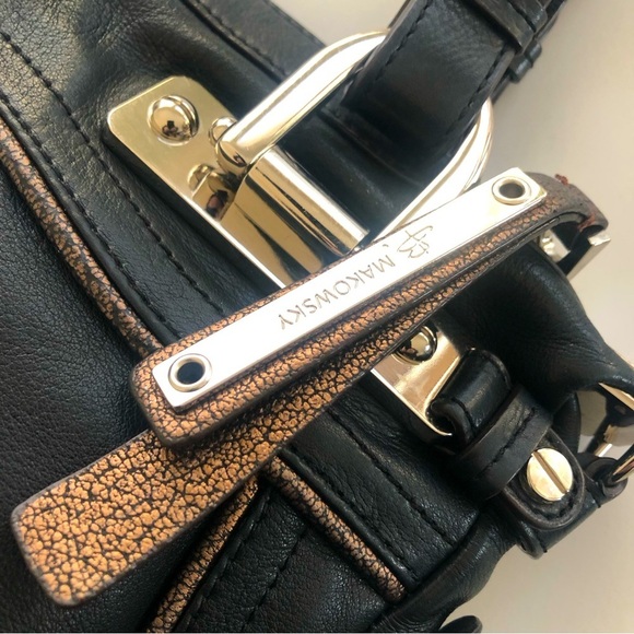 B. Makowsky Black Leather & Leopard Calf Hair Satchel Handbag - Picture 4 of 15